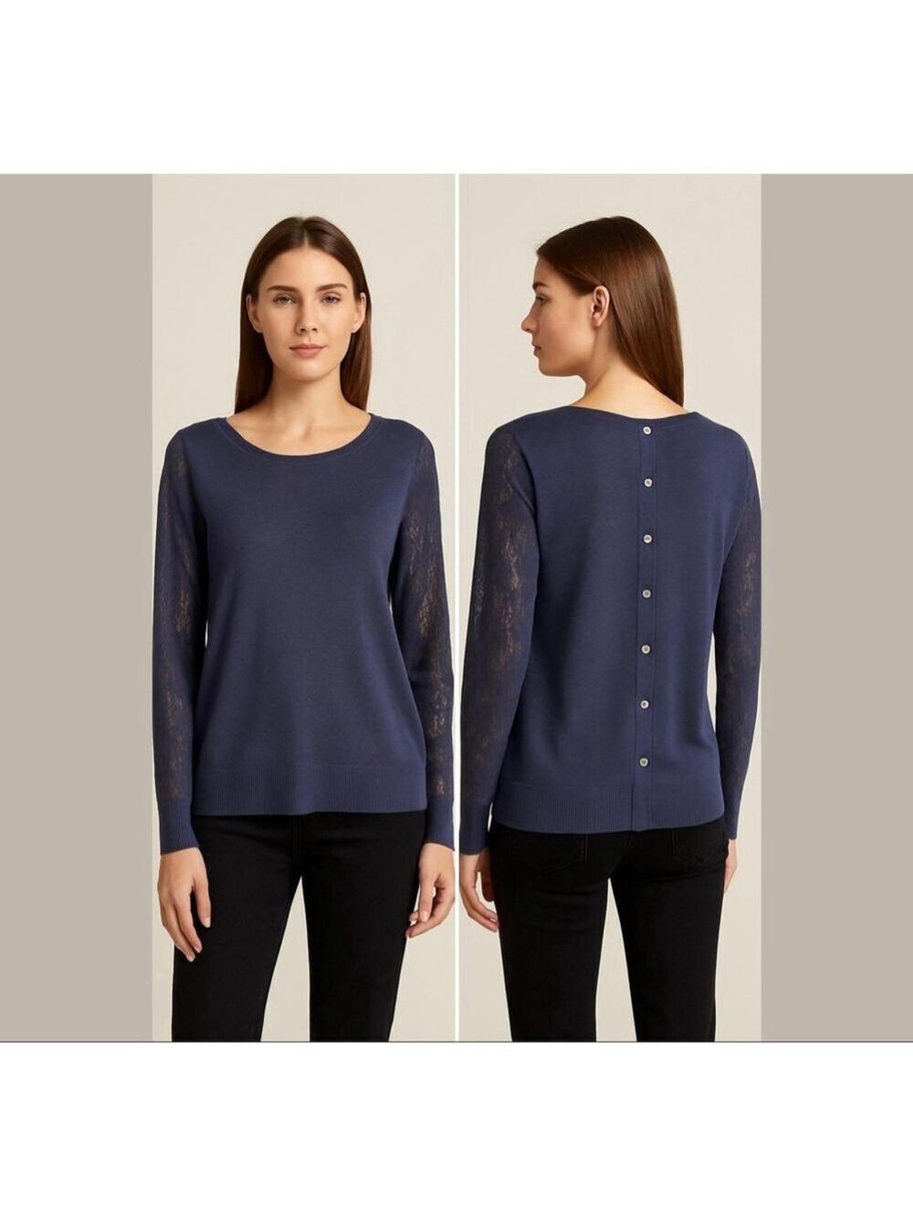 Loft Sweater Pullover dusty blue lace long sleeves back buttons viscose blend L